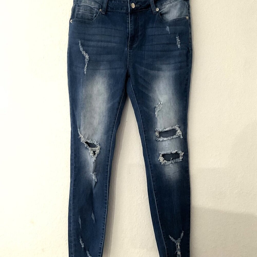 Dark Wash Distressed Stretch Skinny Jeans Size M Frayed Hem
